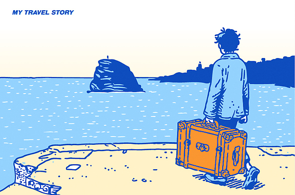 바다 컬러 여행 일러스트 자연 풍경 소년 해변 여름 캐리어 꿈 자유 탐험 도전 바위 즐거움 출발 감성 국내일러스트 AI파일 계절 남자 감정 어린이 컨셉 여행가방 돌_바위 생태계 파일형식 벡터