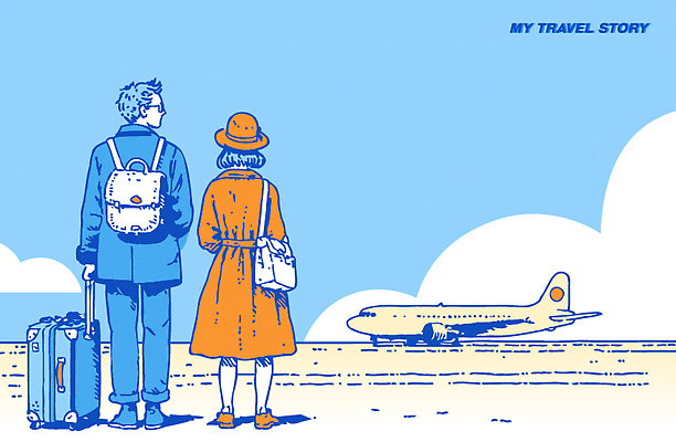 시선 여행 백그라운드 일러스트 하늘 비행기 친구 여행가방 도전 비행 쌍 공항 즐거움 출발 떠남 순간 국내일러스트 AI파일 감정 컨셉 가방 관계 항공교통 교통시설 모션 대중교통 파일형식 벡터