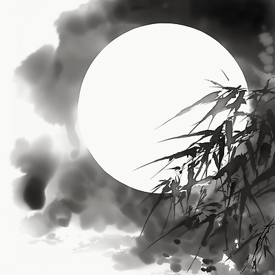 JPG 전통 일러스트 자연 수묵화 풍경 빛 평화 고요 보름달 달 원형 밤 숲 대나무 동양화 그림 조화 뷰티풀 국내일러스트 AI일러스트 AI콘텐츠 자연요소 도형 나무 컨셉 미술 견과류 생태계 파일형식