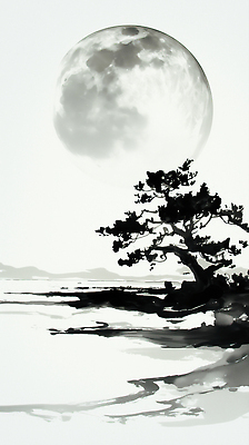 JPG 나무 물결 바다 일러스트 자연 하늘 수묵화 풍경 해변 반사 평화 고요 보름달 달 소나무 밤 신비 그림 지평선 조화 뷰티풀 국내일러스트 AI일러스트 AI콘텐츠 자연요소 식물 컨셉 미술 견과류 생태계 파일형식