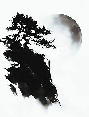 JPG 나무 구름 전통 예술 잎 일러스트 자연 수묵화 풍경 어둠 고요 보름달 소나무 밤 묘사 그림 한국화 감성 초상화 색채 국내일러스트 AI일러스트 AI콘텐츠 자연요소 식물 컨셉 미술 견과류 달 동양화 생태계 파일형식