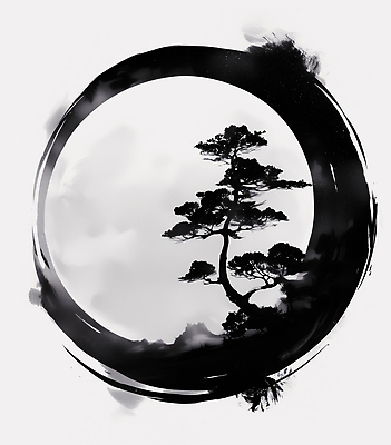 JPG 나무 식물 전통 디자인 예술 일러스트 자연 회화 수묵화 풍경 평화 고요 보름달 표현 소나무 원형 한국화 감성 조화 차분 국내일러스트 AI일러스트 AI콘텐츠 도형 컨셉 말하기 미술 달 동양화 생태계 파일형식