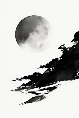 JPG 구름 예술 일러스트 자연 하늘 조명 흑백 수묵화 풍경 보름달 달 대기 분위기 신비 그림 감성 몽환 차분 국내일러스트 AI일러스트 AI콘텐츠 자연요소 컨셉 촬영기법 미술 생태계 파일형식