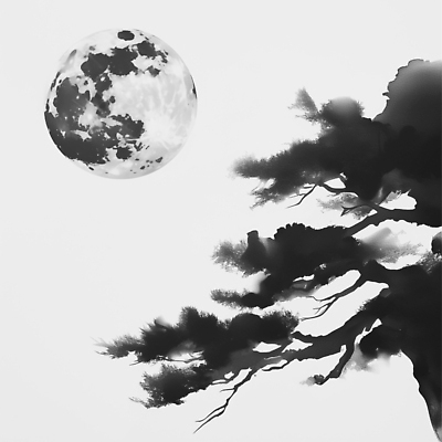 JPG 나무 예술 일러스트 자연 하늘 바람 그림자 수묵화 풍경 검은색 고요 공백 보름달 달 밤 신비 그림 감성 조화 밝은색 국내일러스트 AI일러스트 AI콘텐츠 자연요소 식물 컬러 컨셉 날씨 미술 견과류 생태계 파일형식