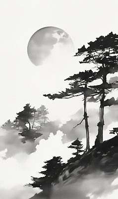 JPG 나무 감정 일러스트 자연 하늘 아침 산 수묵화 풍경 평화 고요 안개 보름달 달 소나무 신비 묘사 조화 고목 뷰티풀 국내일러스트 AI일러스트 AI콘텐츠 주간 자연요소 식물 컨셉 날씨 미술 생태계 파일형식