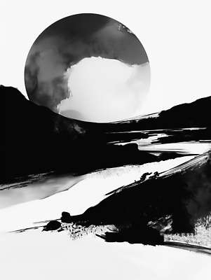 JPG 실루엣 예술 곡선 일러스트 자연 산 흑백 수묵화 풍경 물 강 평화 고요 보름달 대기 오브젝트 조용 조화 물길 뷰티풀 순간 국내일러스트 AI일러스트 AI콘텐츠 자연요소 길 선 컨셉 촬영기법 미술 달 생태계 파일형식