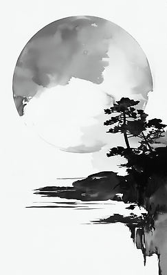 JPG 나무 식물 구름 호수 물결 예술 일러스트 자연 하늘 회화 수묵화 풍경 일상 어둠 고요 보름달 달 강가 달빛 그림 한국화 뷰티풀 국내일러스트 AI일러스트 AI콘텐츠 자연요소 말하기 미술 라이프 강 동양화 생태계 파일형식