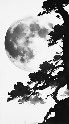 JPG 나무 실루엣 야경 일러스트 자연 밤하늘 하늘 흑백 밝음 수묵화 풍경 평화 어둠 고요 감상 공간 보름달 달 나뭇가지 신비 달빛 조용 국내일러스트 AI일러스트 AI콘텐츠 자연요소 식물 컨셉 촬영기법 미술 야간 생태계 파일형식 풍경_경치