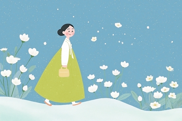 JPG 캐릭터 옷 꽃 행복 컬러 겨울 일러스트 자연 하늘 산 미소 풍경 소녀 걷기 봄 한복 언덕 청명 국내일러스트 AI일러스트 AI콘텐츠 식물 한국전통 계절 여자 감정 어린이 모션 표정 전통의상 생태계 파일형식