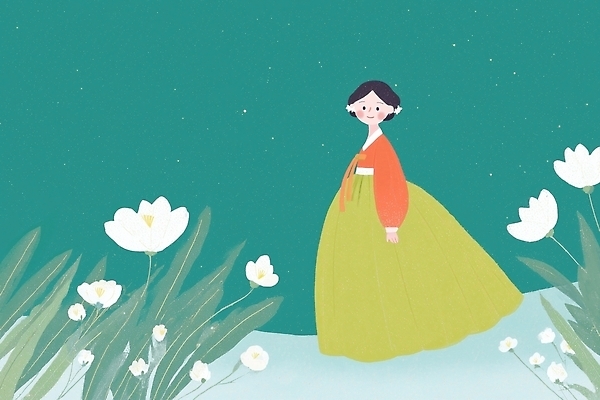 JPG 식물 캐릭터 전통 여자 전통문화 여유 꽃밭 일러스트 자연 한국 풍경 평화 걷기 전통의상 한복 모던 청록색 감성 뷰티풀 국내일러스트 AI일러스트 AI콘텐츠 한국전통 꽃 감정 아시아 문화 컬러 컨셉 모션 사람 생태계 파일형식