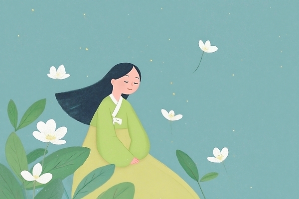 JPG 전통 여자 꽃 행복 감정 문화 상징 백그라운드 일러스트 자연 따뜻함 미소 편안함 한복 순수 그림 조용 목화꽃 뷰티풀 색채 국내일러스트 AI일러스트 AI콘텐츠 식물 한국전통 컨셉 표정 사람 감각 전통의상 생태계 파일형식