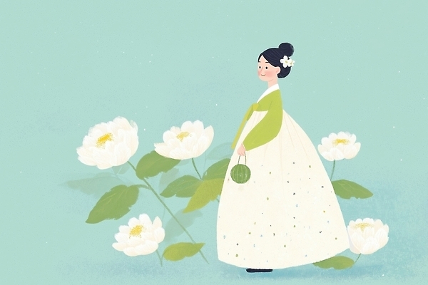 JPG 전통 손 디자인 여자 꽃 문화 일러스트 자연 한국 풍경 여름 고요 산책 전통의상 한복 조화 뷰티풀 국내일러스트 AI일러스트 AI콘텐츠 식물 한국전통 계절 아시아 휴식 사람 신체부위 생태계 파일형식