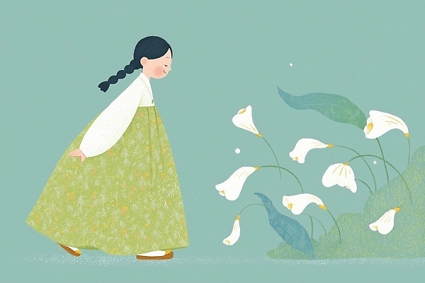 JPG 전통 디자인 꽃 문화 컬러 일러스트 자연 사랑 미소 소녀 일상 생활 초록색 평화 걷기 봄 한복 조용 화사함 감성 뷰티풀 국내일러스트 AI일러스트 AI콘텐츠 식물 한국전통 계절 여자 감정 어린이 컨셉 모션 표정 라이프 전통의상 생태계 파일형식