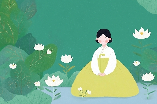 JPG 식물 한국문화 전통 디자인 계절 여자 감정 아시아 예술 일러스트 자연 연꽃 소녀 초록색 평화 정원 한복 뷰티풀 차분 국내일러스트 AI일러스트 AI콘텐츠 동양문화 한국전통 꽃 나라 어린이 컬러 컨셉 한국 사람 전통의상 생태계 파일형식