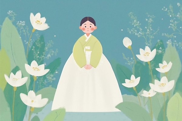 JPG 전통 여자 패션 감정 문화 컬러 백그라운드 일러스트 자연 한국 연꽃 미소 풍경 평화 기쁨 표현 한복 조화 뷰티풀 스타일 국내일러스트 AI일러스트 AI콘텐츠 한국전통 꽃 아시아 컨셉 표정 사람 전통의상 생태계 파일형식