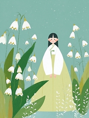 JPG 식물 전통 여자 꽃 문화 물결 잎 일러스트 자연 한국 평화 편안함 전통의상 한복 조화 뷰티풀 색감 국내일러스트 AI일러스트 AI콘텐츠 한국전통 아시아 컨셉 사람 감각 생태계 파일형식