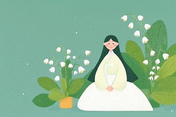 JPG 식물 전통 여자 문화 화초 일러스트 자연 한국 미소 초록색 정원 봄 편안함 한복 그림 심플 조화 뷰티풀 국내일러스트 AI일러스트 AI콘텐츠 한국전통 계절 아시아 컬러 표정 사람 감각 전통의상 생태계 파일형식