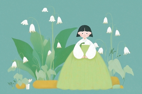 JPG 식물 전통 디자인 꽃 문화 어린이 컬러 백그라운드 일러스트 자연 한국 표정 소녀 평화 귀여움 전통의상 한복 화사함 뷰티풀 국내일러스트 AI일러스트 AI콘텐츠 한국전통 여자 아시아 컨셉 사람 생태계 파일형식