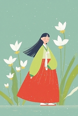JPG 전통 손 옷 여자 꽃 문화 여유 상징 컬러 백그라운드 일러스트 자연 한국 풍경 소녀 평화 걷기 시골 한복 뷰티풀 국내일러스트 AI일러스트 AI콘텐츠 식물 한국전통 감정 아시아 어린이 컨셉 모션 사람 신체부위 전통의상 생태계 파일형식