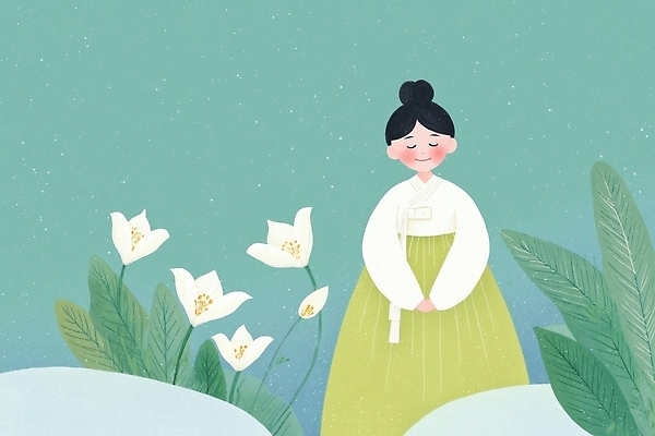 JPG 전통 옷 여자 꽃 행복 감정 전통문화 문화 예술 백그라운드 일러스트 자연 한국 미소 사람 풍경 평화 고요 체험 영혼 뷰티풀 국내일러스트 AI일러스트 AI콘텐츠 식물 아시아 컨셉 표정 생태계 파일형식