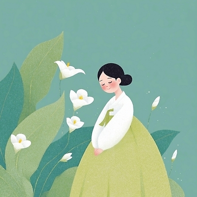 JPG 전통 여자 꽃 문화 예술 일러스트 상상 자연 한국 미소 풍경 일상 여름 햇빛 평화 디지털 한복 조화 느림 뷰티풀 국내일러스트 AI일러스트 AI콘텐츠 식물 한국전통 계절 아시아 컨셉 표정 사람 라이프 태양 전통의상 생태계 파일형식