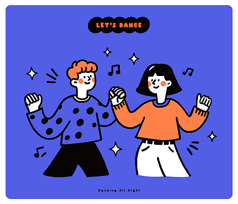 여자 남자 행복 음악 컬러 일러스트 모션 거리 표정 풍경 친구 파티 손잡기 무대 표현 춤 즐거움 파란배경 리듬 상호작용 국내일러스트 AI파일 감정 백그라운드 관계 문화예술 사람 이벤트 파란색 파일형식 벡터