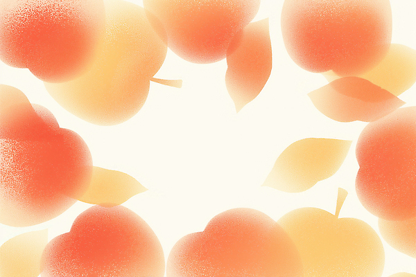 JPG 디자인 예술 백그라운드 잎 과일 일러스트 자연 따뜻함 여름 신선 원형 감각 복숭아 뷰티풀 색감 풍요 국내일러스트 AI일러스트 AI콘텐츠 도형 식물 계절 컨셉 생태계 파일형식