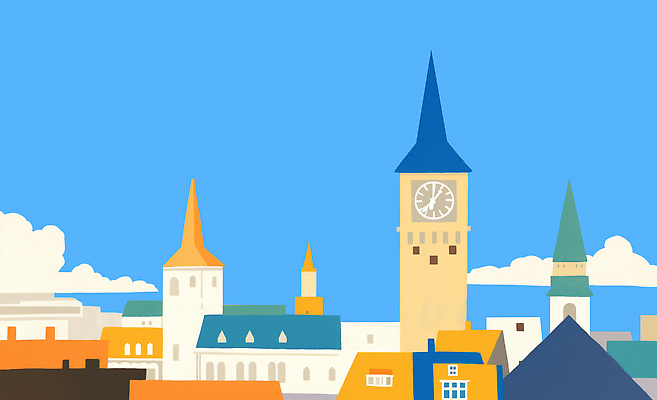 PSD 건축물 예술 시계 컬러 여행 백그라운드 일러스트 자연 하늘 독일 풍경 건물 교회 마을 도시 시계탑 첨탑 국내일러스트 건축 유럽 종교건축 탑 생태계 파일형식