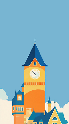 PSD 건축물 여유 예술 시계 일러스트 하늘 날씨 핀란드 파란색 도시풍경 주황색 고요 시간 구조물 시계탑 조화 뷰티풀 풍경화 국내일러스트 건축 감정 컬러 북유럽 풍경 탑 도시 그림 파일형식