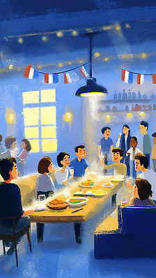 JPG 행복 음료 음식 일러스트 가족 조명 따뜻함 대화 요리 이벤트 여러명 친구 레스토랑 식사 다양 모임 분위기 저녁 즐거움 공유 락페스티벌 국내일러스트 AI일러스트 AI콘텐츠 감정 다수 컨셉 관계 말하기 사람 식당 축제 야간 파일형식