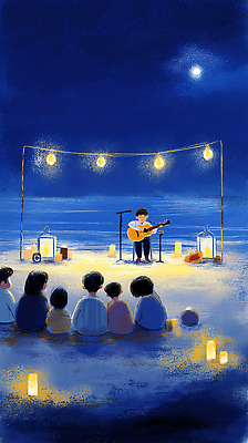 JPG 일러스트 촛불 조명 따뜻함 해변 여름 친구 일몰 공연 감상 기타 손전등 군중 저녁 편안함 그림 음악회 락페스티벌 국내일러스트 AI일러스트 AI콘텐츠 계절 바다 초 관계 현악기 사람 이벤트 노을 축제 감각 야간 파일형식