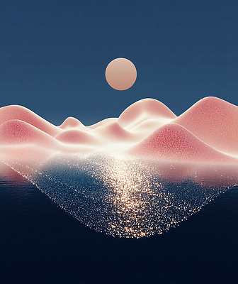 JPG 편집이미지 물결 분홍색 자연 하늘 풍경 빛 반짝임 태양 일출 수면 언덕 조화 뷰티풀 이미지편집 AI컴퓨터그래픽 AI콘텐츠 자연요소 컬러 모션 물 노을 생태계 파일형식