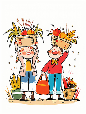 JPG 전통 기념일 어린이 채소 과일 일러스트 가족 모션 자연 웃음 야외 친구 농작물 농장 바구니 기쁨 수확 즐거움 공동체 수확철 국내일러스트 AI일러스트 AI콘텐츠 감정 농업 관계 표정 사람 이벤트 생태계 파일형식