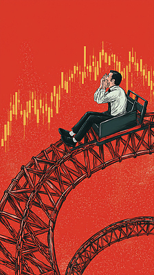 JPG 남자 감정 백그라운드 일러스트 비즈니스 그래프 빨간색 감각 시장 하락 집중 즐거움 고민 투자 상승 롤러코스터 심리 국내일러스트 AI일러스트 AI콘텐츠 컬러 컨셉 사람 놀이기구 파일형식