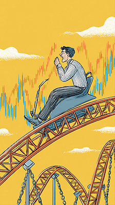 JPG 남자 감정 백그라운드 일러스트 모션 그래프 희망 놀이공원 게임 표현 하락 즐거움 상승 긴장 롤러코스터 스릴 주식시장 기획사 국내일러스트 AI일러스트 AI콘텐츠 컨셉 회사 놀이 사람 테마파크 놀이기구 주식 파일형식