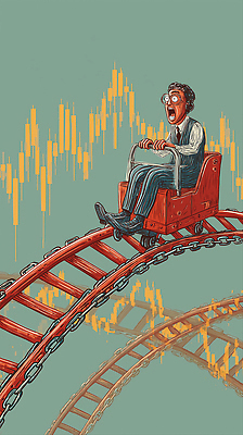 JPG 남자 감정 백그라운드 일러스트 그래프 금융 경제 놀람 체험 주식 하락 즐거움 투자 상승 롤러코스터 주식시장 혼란 스타일 국내일러스트 AI일러스트 AI콘텐츠 컨셉 비즈니스 표정 사람 놀이기구 파일형식