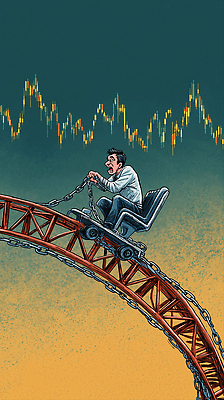 JPG 남자 감정 일러스트 라이프 그래픽 경제 도전 체험 시장 주식 위험 쇠사슬 하락 불안 투자 상승 위치 롤러코스터 서류판 스릴 테마 국내일러스트 AI일러스트 AI콘텐츠 컨셉 비즈니스 사람 생활 금융 사무용품 놀이기구 파일형식