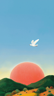 JPG 주간 동물 날개 일러스트 자연 하늘 풍경 빨간색 파란색 빛 태양 평화 일출 자유 비행 언덕 비둘기 조화 뷰티풀 국내일러스트 AI일러스트 AI콘텐츠 자연요소 컬러 컨셉 조류 노을 생태계 파일형식