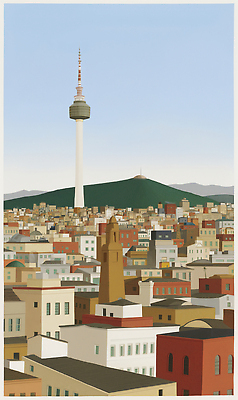 JPG 디자인 문화 예술 여행 일러스트 하늘 날씨 산 거리 서울 한국 풍경 건물 도시 역사 지역 남산 남산타워 전경 국내일러스트 AI일러스트 AI콘텐츠 건축물 아시아 랜드마크 파일형식 탑뷰