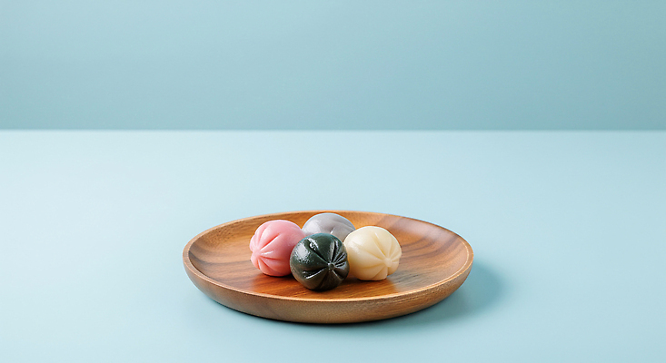 JPG 모양 편집이미지 음식 분홍색 컬러 하늘색 디저트 요리 검은색 모던 송편 브런치 레시피 나무접시 편집실사 AI포토 AI콘텐츠 접시 떡 파란색 식사 CG 파일형식