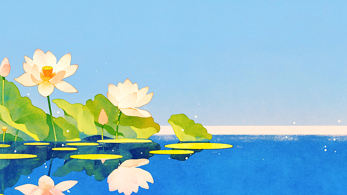 JPG 꽃 호수 물결 잎 일러스트 자연 생명 연꽃 풍경 초록색 물 여름 반사 수면 연습 명상 심플 조화 뷰티풀 청명 국내일러스트 AI일러스트 AI콘텐츠 자연요소 식물 계절 컬러 생태계 파일형식