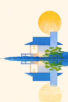 JPG 나무 식물 디자인 건축 호수 여유 컬러 일러스트 자연 주택 풍경 반사 평화 노을 환경 일몰 수면 저녁 그림 조화 차분 국내일러스트 AI일러스트 AI콘텐츠 자연요소 감정 컨셉 건물 물 야간 생태계 파일형식