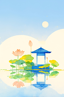JPG 잎 일러스트 자연 하늘 휴식 수채화 연꽃 그림자 풍경 초록색 물 파란색 반사 평화 정원 고요 연못 그림 정자 뷰티풀 오후 국내일러스트 AI일러스트 AI콘텐츠 자연요소 식물 건축물 꽃 컬러 컨셉 생태계 파일형식