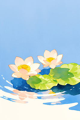 JPG 식물 꽃잎 꽃 호수 물결 일러스트 자연 하늘 생명 연꽃 풍경 물 여름 반사 평화 수면 연습 연잎 조용 뷰티풀 청명 국내일러스트 AI일러스트 AI콘텐츠 자연요소 계절 컨셉 잎 생태계 파일형식