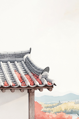 JPG 전통 건축 문화 컬러 단풍 잎 일러스트 자연 지붕 산 한옥 한국 풍경 햇빛 가을 그림 소재 뷰티풀 고택 경관 국내일러스트 AI일러스트 AI콘텐츠 식물 한국전통 건축물 계절 아시아 고건축 태양 생태계 파일형식