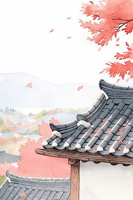 JPG 나무 전통 문화 예술 컬러 단풍 일러스트 자연 하늘 지붕 한국 기와집 풍경 관광지 고요 가을 뷰티풀 국내일러스트 AI일러스트 AI콘텐츠 식물 계절 아시아 여행 잎 한옥 생태계 파일형식