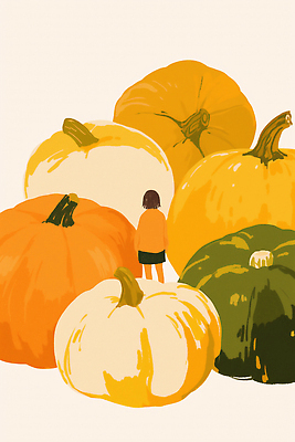 JPG 계절 행복 어린이 컬러 하늘색 패턴 일러스트 자연 호박 초록색 농장 노란색 귀여움 주황색 놀람 탐험 성장 가을 시골 화합 자연친화적 국내일러스트 AI일러스트 AI콘텐츠 감정 컨셉 무늬 농업 채소 표정 사람 파란색 생태계 파일형식