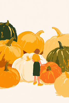 JPG 식물 여자 감정 예술 컬러 일러스트 자연 호박 따뜻함 풍경 농장 정원 감상 탐험 가을 크기 즐거움 그림 동산 상호작용 국내일러스트 AI일러스트 AI콘텐츠 계절 농업 채소 사람 생태계 파일형식