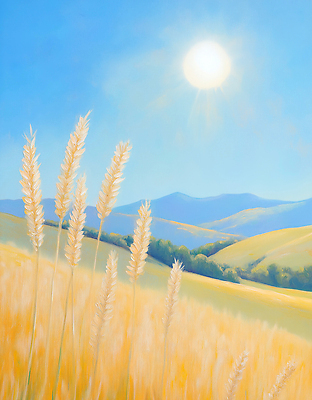 JPG 식물 계절 일러스트 자연 하늘 날씨 풍경 초원 여름 농작물 햇빛 농장 평화 금색 흰구름 밀밭 국내일러스트 AI일러스트 AI콘텐츠 컬러 컨셉 밭 농업 태양 밀 생태계 파일형식 구름_자연