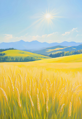 JPG 식물 농업 일러스트 자연 하늘 날씨 산 풍경 초원 여름 농작물 햇빛 일출 금색 농촌 오름 녹지 밀밭 뷰티풀 전경 국내일러스트 AI일러스트 AI콘텐츠 계절 산업 컬러 밭 태양 제주도 노을 시골 밀 생태계 파일형식 탑뷰